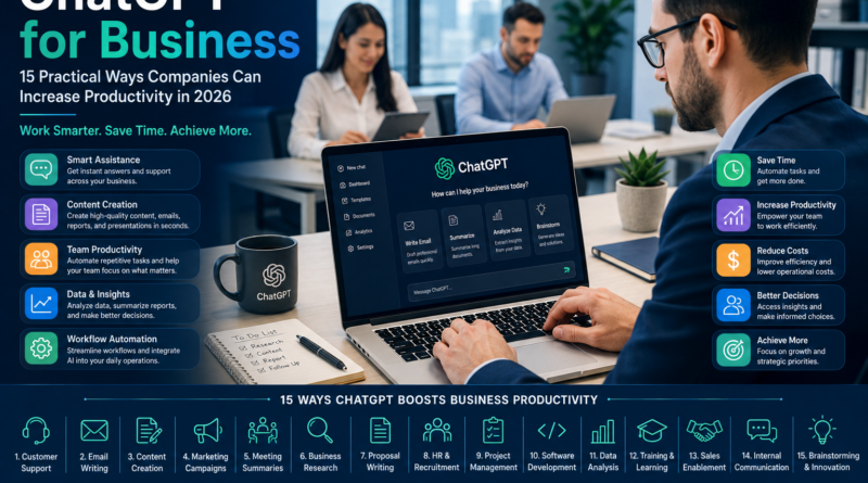 Business professionals using ChatGPT to improve productivity, automate workflows, and collaborate through AI-powered business tools.
